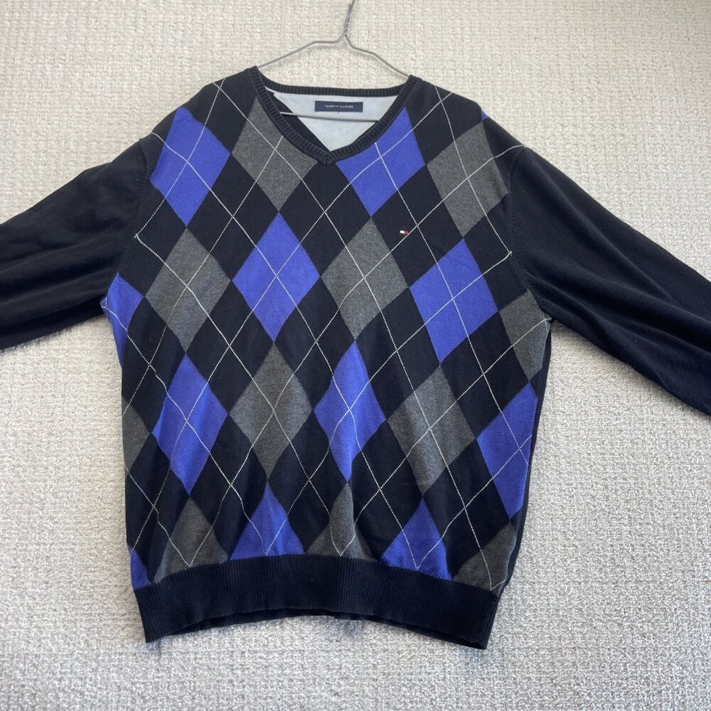 VTG Tommy Hilfiger Argyle Sweater Mens Purple / Black Diamond Dark Academia Read - Picture 6 of 11